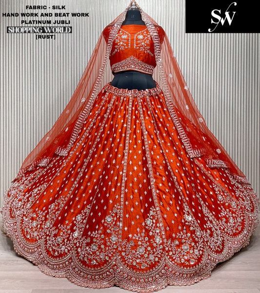 Pleasing Rust Orange Silk Bridal Lehenga