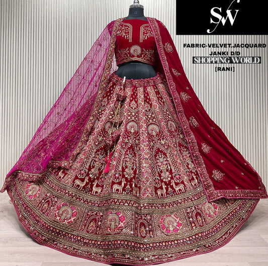 Charming Rani pink Velvet Jacquard peacock Double Duptta Bridal Lehenga