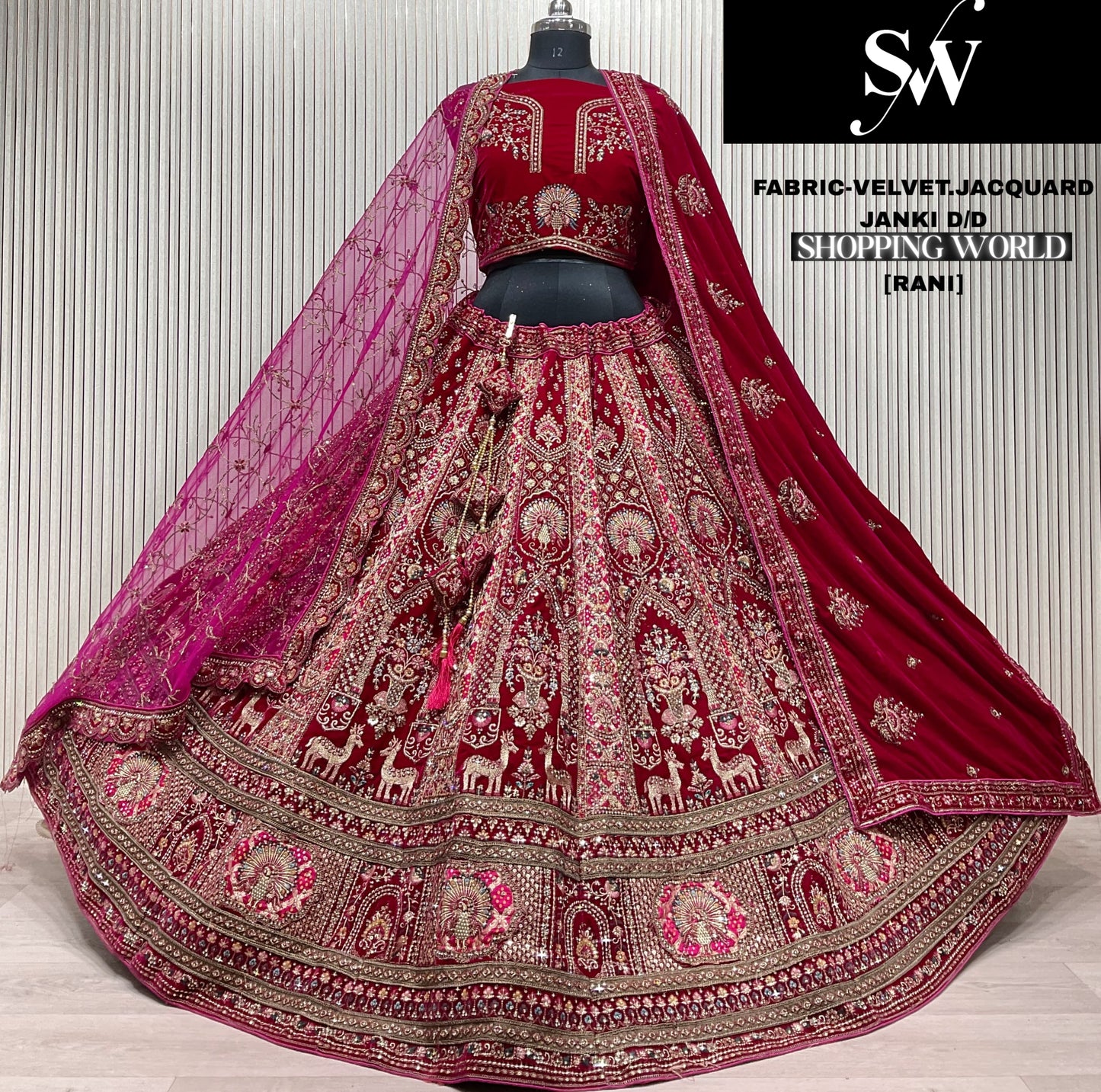 Khoobsurat Dark maroon Velvet Jacquard peacock Double Duptta Bridal Lehenga