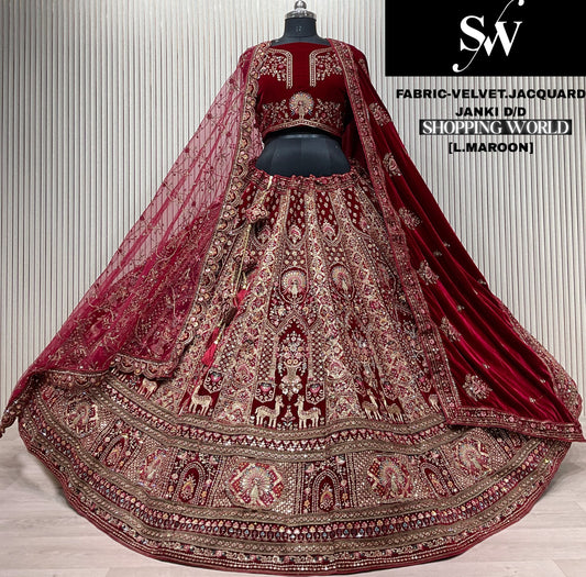 Majestic Light maroon Velvet Jacquard peacock Double Duptta Bridal Lehenga