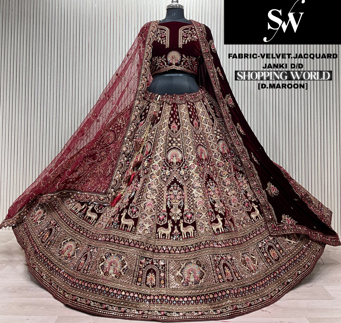 Majestic Light maroon Velvet Jacquard peacock Double Duptta Bridal Lehenga