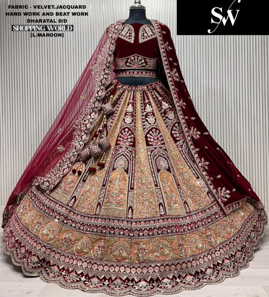 Pretty Light maroon Velvet Jacquard Double Duptta Bridal Lehenga