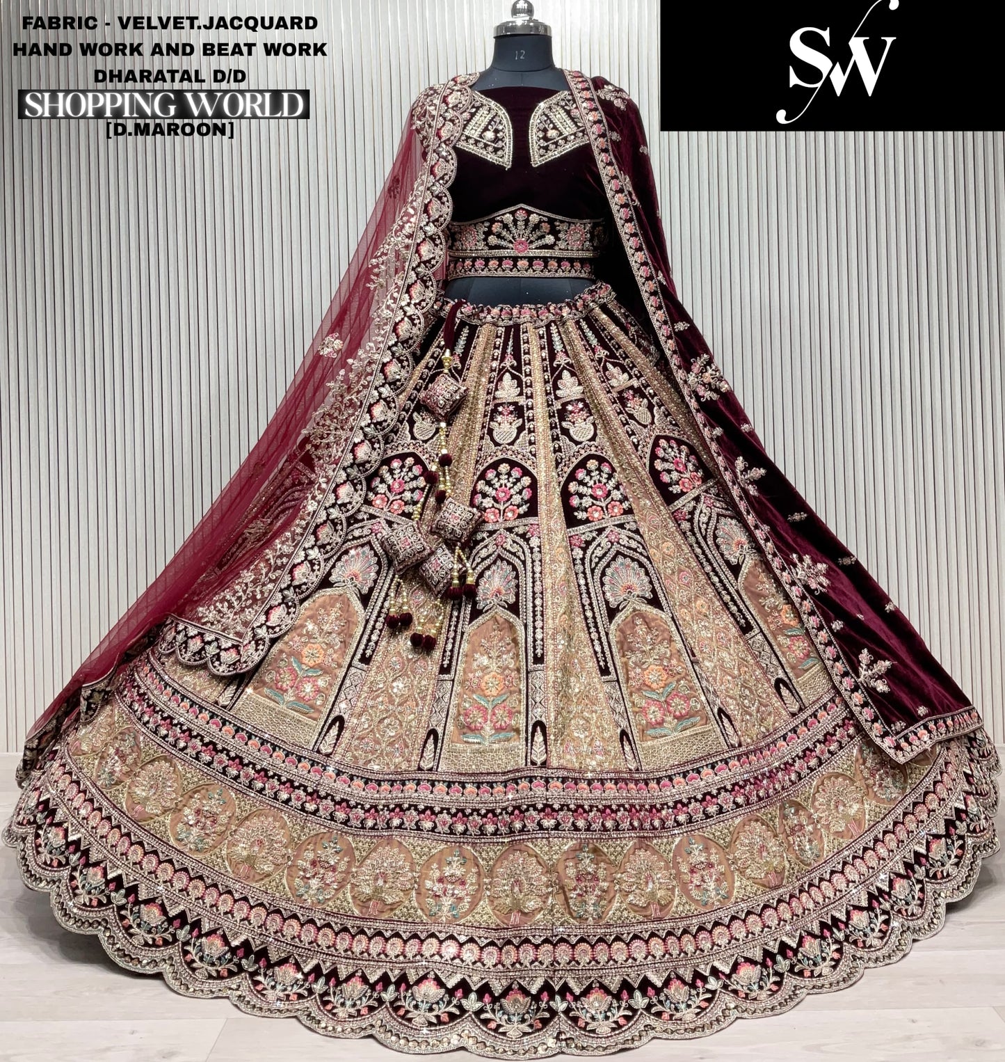 Pretty Light maroon Velvet Jacquard Double Duptta Bridal Lehenga