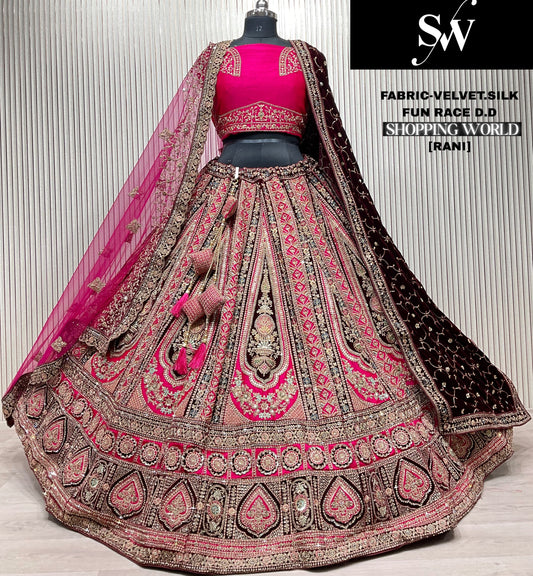 Stunning Rani pink Velvet Silk Double Duptta Bridal Lehenga