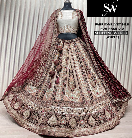 Gorgeous white maroon Velvet Silk Double Duptta Bridal Lehenga