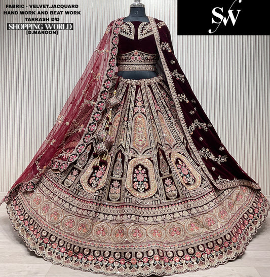 Glamorous Dark maroon Double Duptta Velvet Jacquard Bridal Lehenga