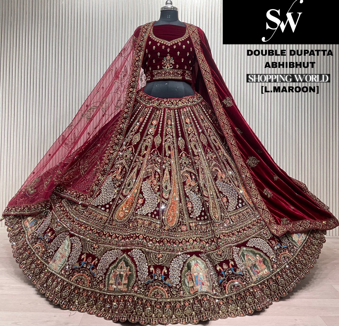 Attractive Dark maroon peacock Double Duptta Bridal Lehenga