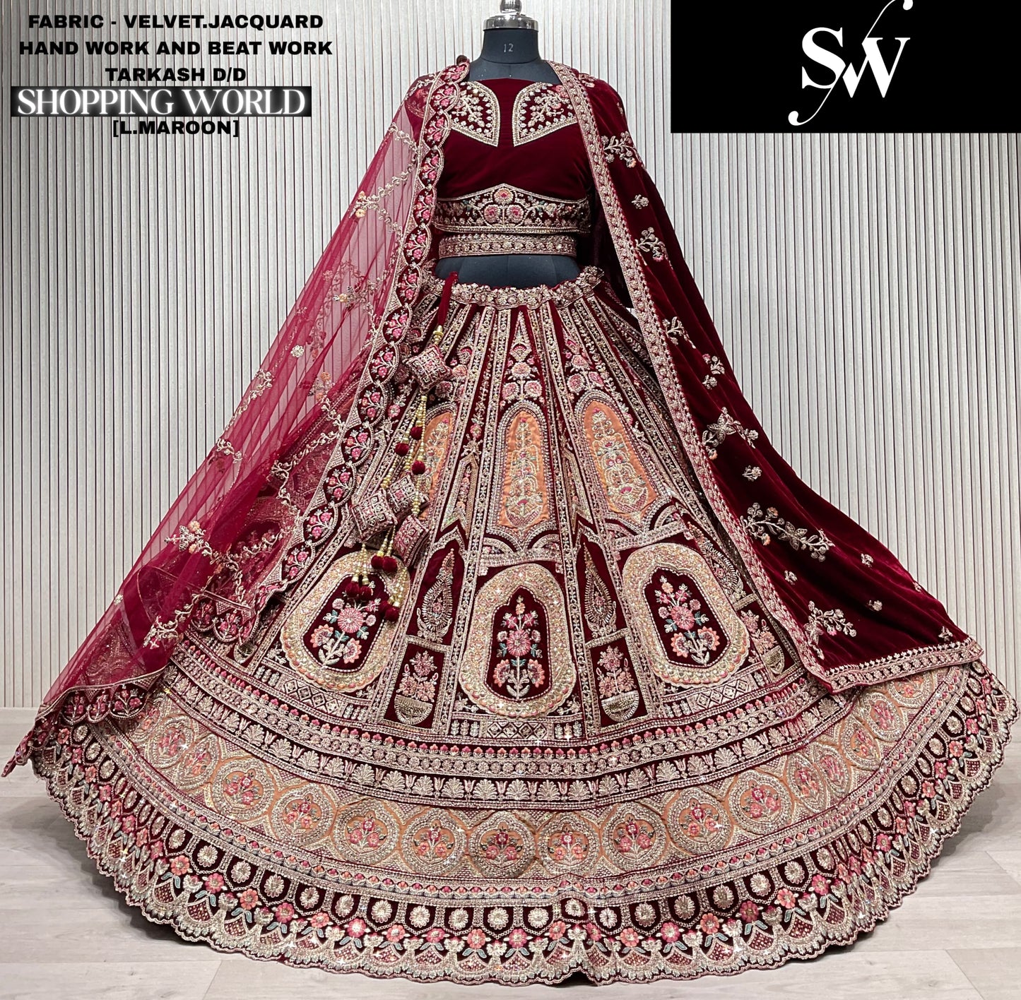 Glamorous Dark maroon Double Duptta Velvet Jacquard Bridal Lehenga
