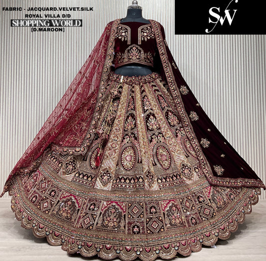 Awesome Dark maroon Jacquard Velvet Silk Double Duptta Bridal Lehenga