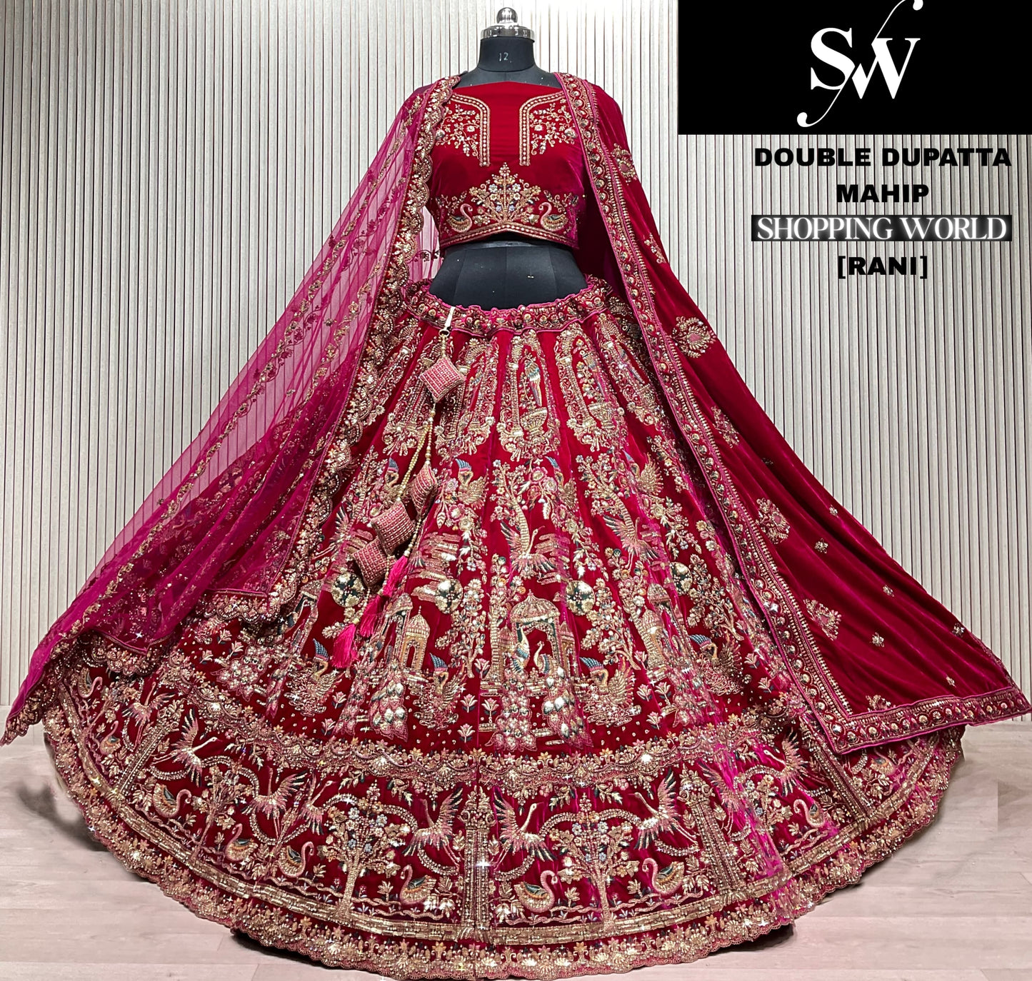 Elegant light maroon Velvet Peacock Bridal Lehenga