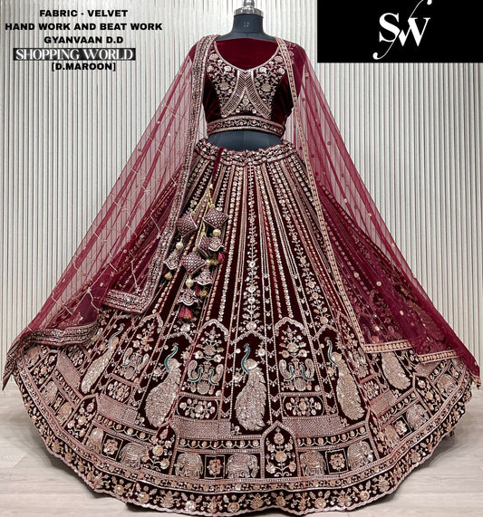 Embellished Dark maroon Velvet Peacock Bridal Lehenga