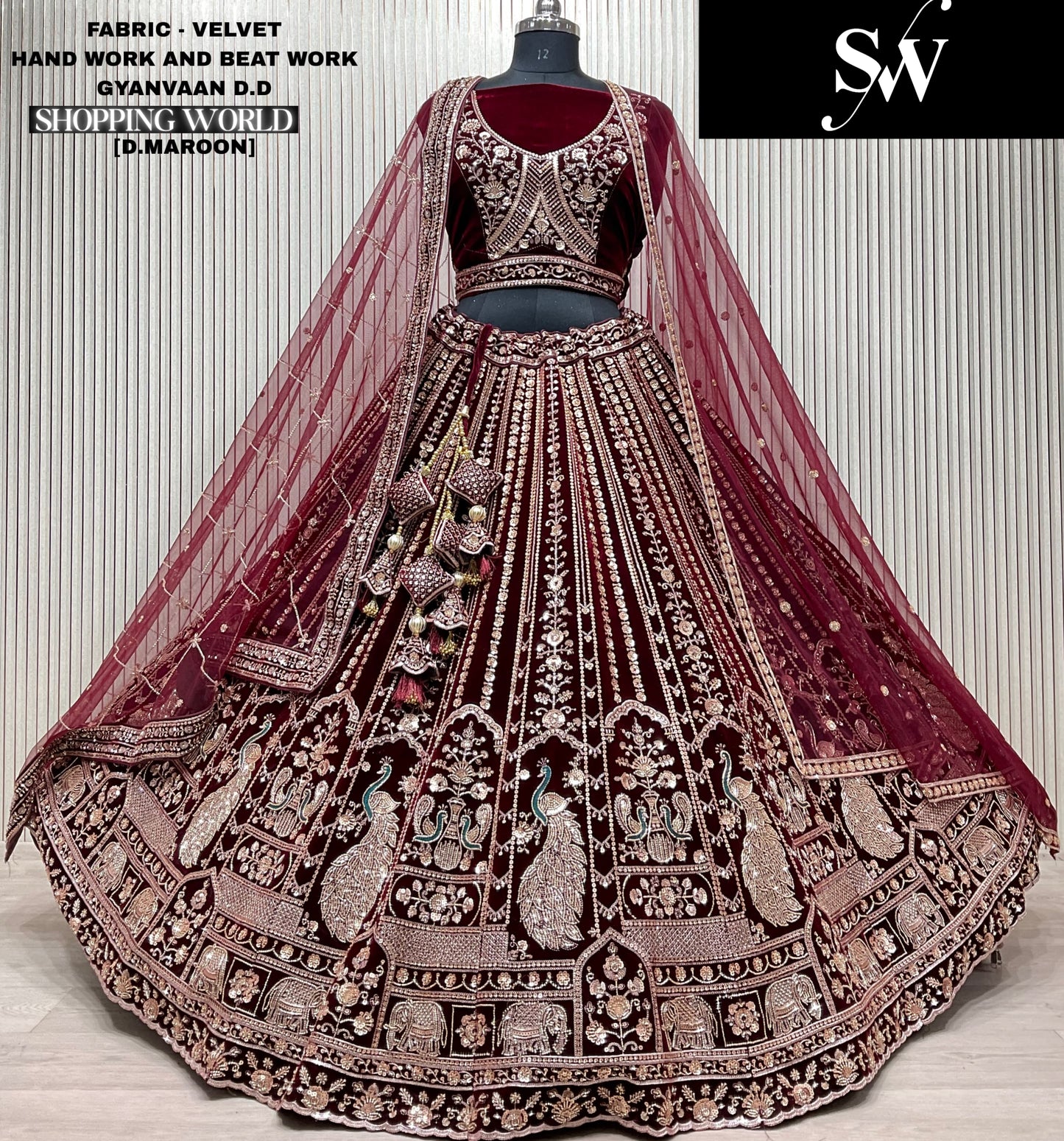 Delightful Rani pink Velvet Peacock Bridal Lehenga