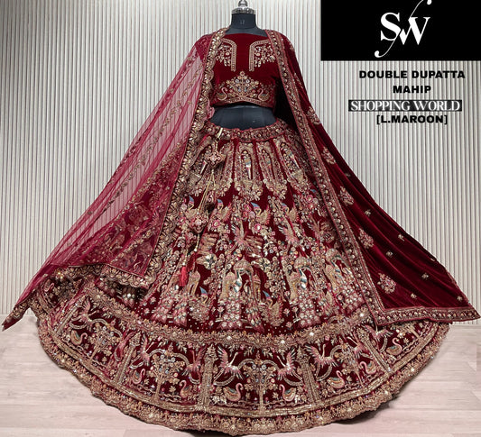 Elegant light maroon Velvet Peacock Bridal Lehenga