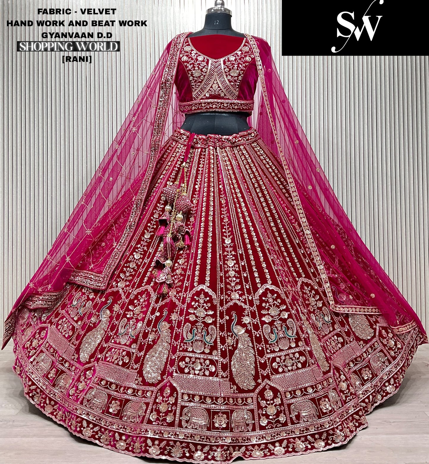 Something different light maroon Velvet Peacock Bridal Lehenga