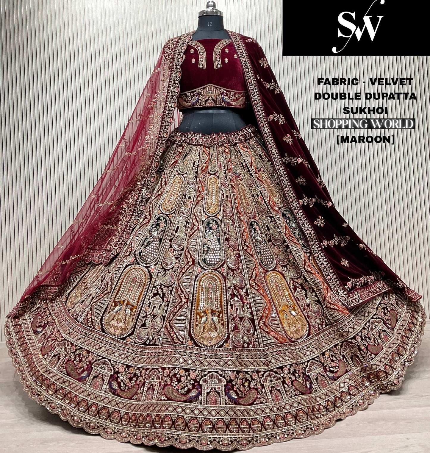 Charming Rani pink Velvet Double Duptta peacock Bridal Lehenga