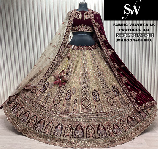 Khoobsurat golden maroon peacock Double duptta Velvet Silk Bridal Lehenga