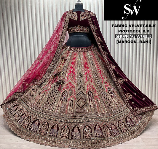 Beautiful Rani maroon peacock Double duptta Velvet Silk Bridal Lehenga