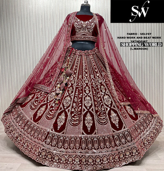 Pleasing Light maroon Velvet Bridal Lehenga