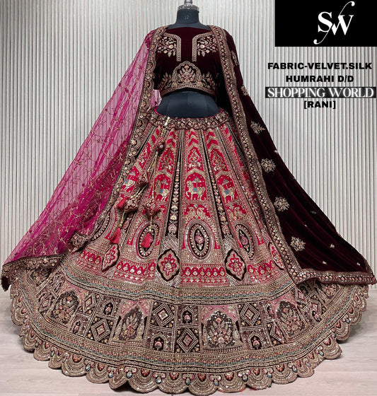 Attractive Rani pink Velvet Silk peacock Double Duptta Bridal Lehenga
