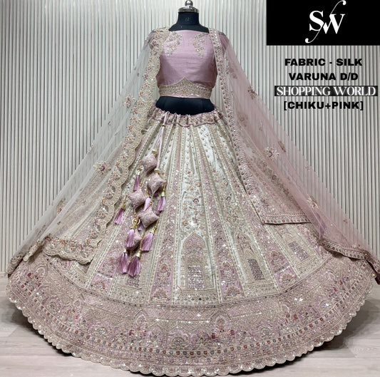 सुंदर चिकू गोल्डन पिंक सिल्क पीकॉक डबल दुपट्टा ब्राइडल लेहंगा
