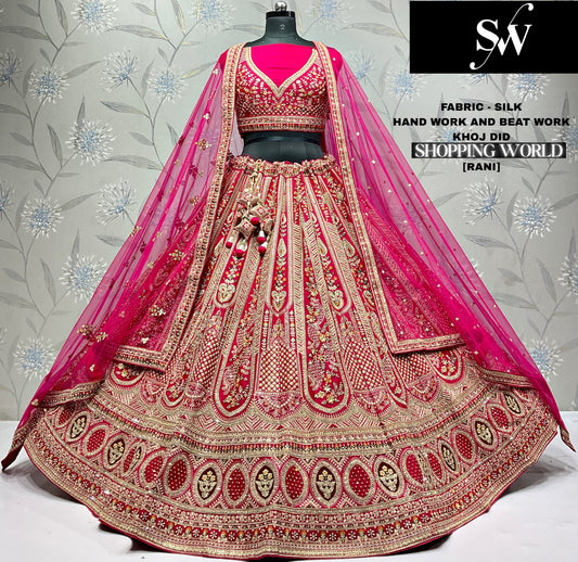 Gorgeous Rani pink Velvet Silk peacock Double Duptta Bridal Lehenga