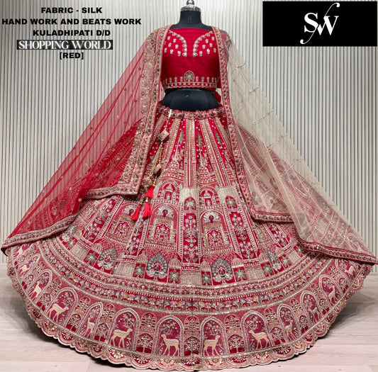 Fabulous Red Silk peacock Bridal Lehenga