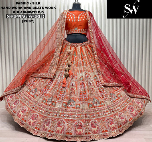 Astonishing Rust orange Silk peacock Bridal Lehenga