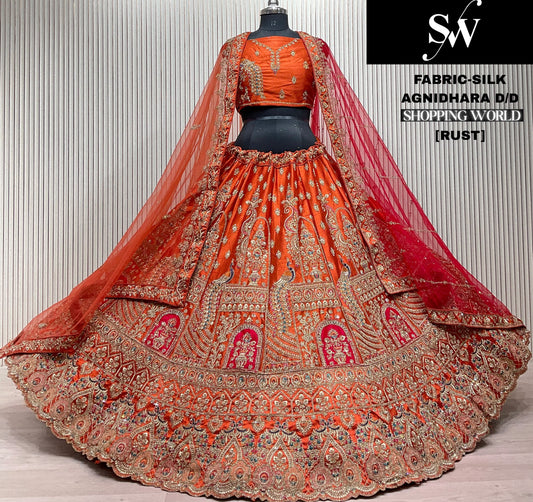Gorgeous Rust orange Silk peacock Bridal Lehenga