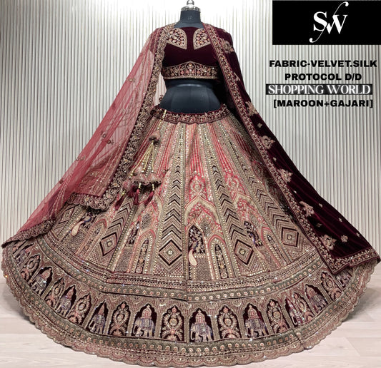 Elegant Gajri maroon Double Duptta Velvet Silk Bridal Lehenga