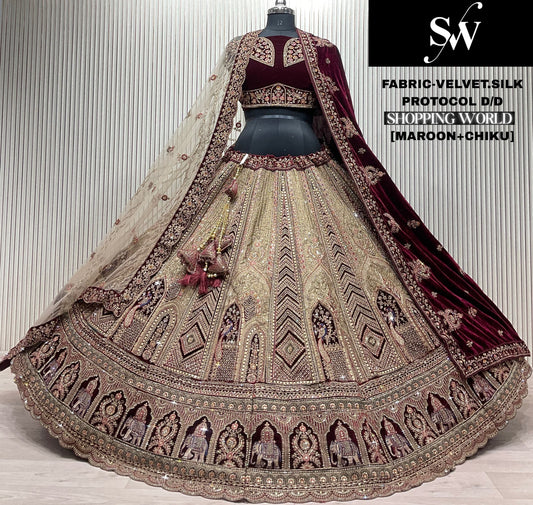 Delightful maroon Chiku golden Double Duptta Velvet Silk Bridal Lehenga