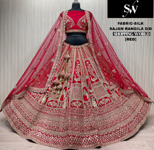 Engaging red Silk peacock Bridal Lehenga