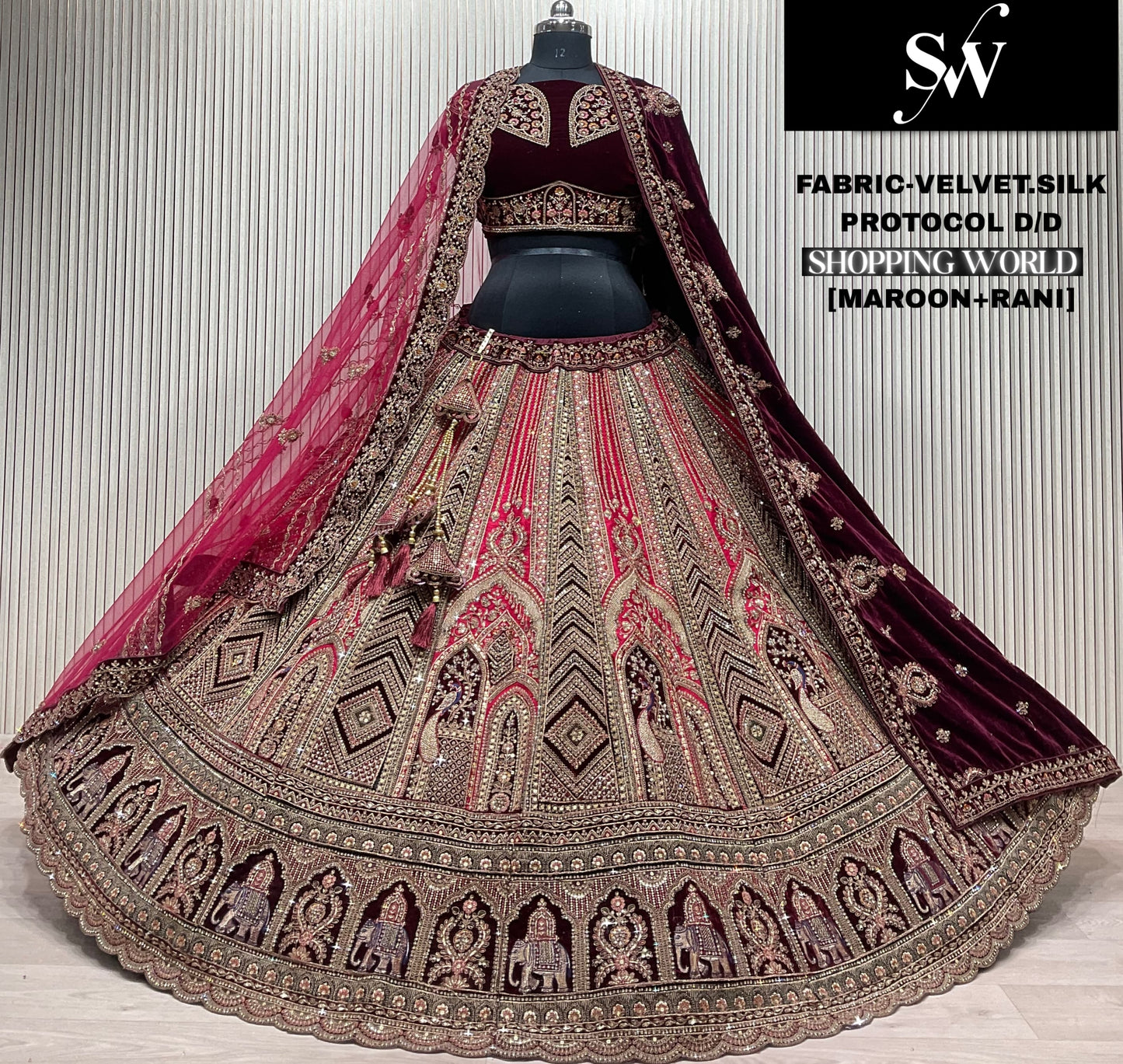 Delightful maroon Chiku golden Double Duptta Velvet Silk Bridal Lehenga