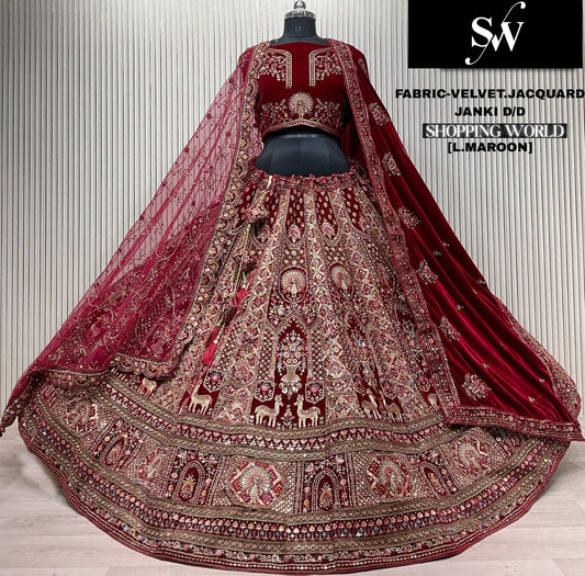 Charming light maroon Double Duptta Velvet jacquard Bridal Lehenga