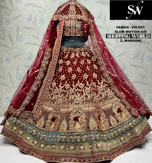 Charming peacock light maroon Tail dupatta Velvet Bridal Lehenga
