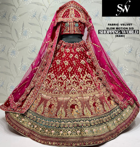 Eye catching peacock Rani pink Tail dupatta Velvet Bridal Lehenga