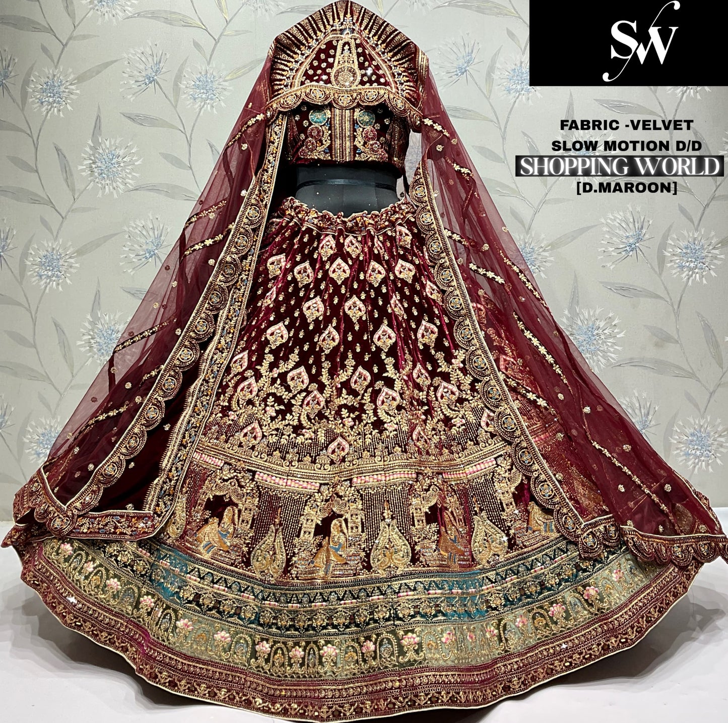 Charming peacock light maroon Tail dupatta Velvet Bridal Lehenga