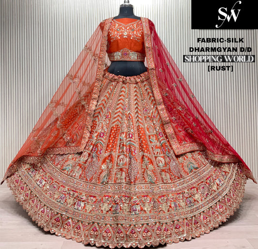 Khoobsurat Rust orange Silk peacock Lehenga