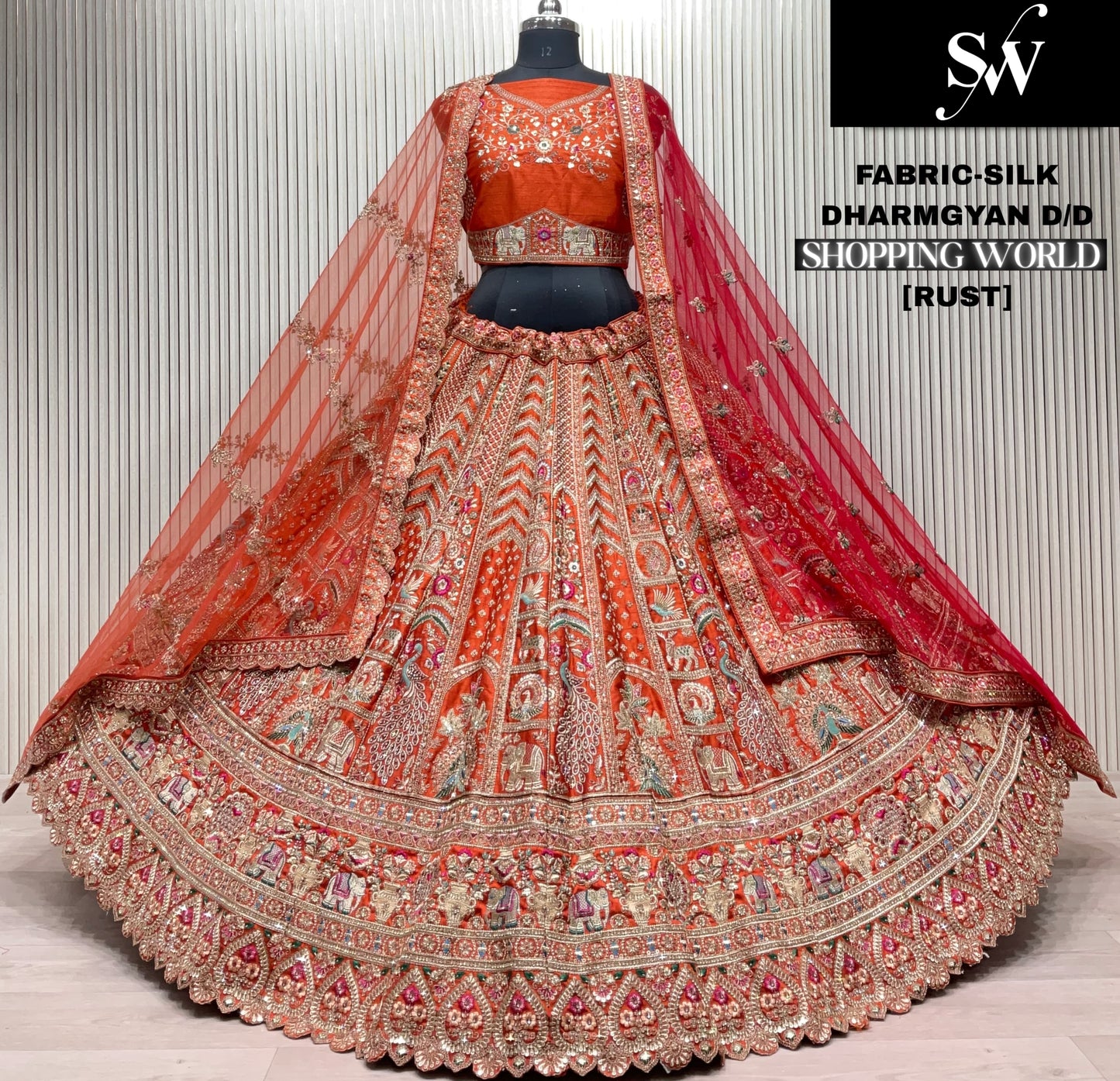Pleasing red Silk peacock Lehenga