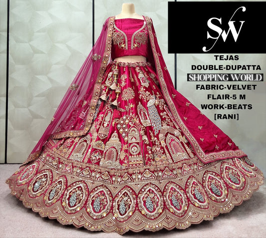 Designer Rani pink peacock Velvet Double Duptta Bridal Lehenga