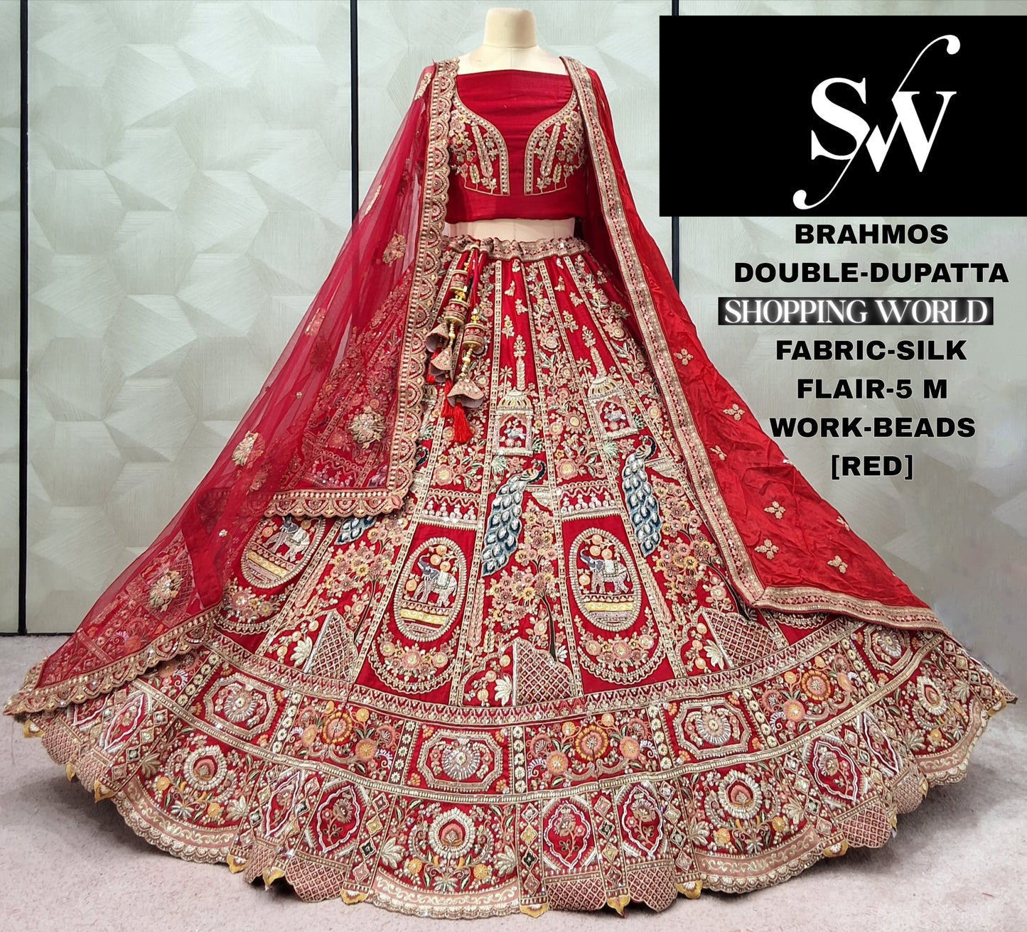 आकर्षक मोर पंख सिल्क रानी पिंक डबल दुपट्टा ब्राइडल लहंगा