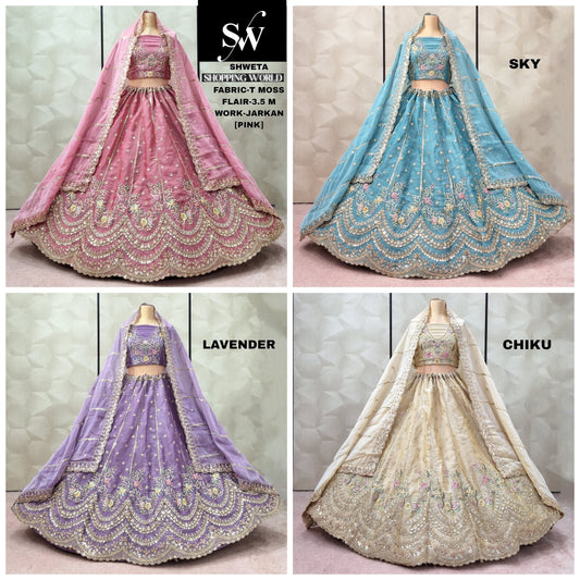 Astonishing Chiku pink Lavender Pink Sky blue Moss Lehenga