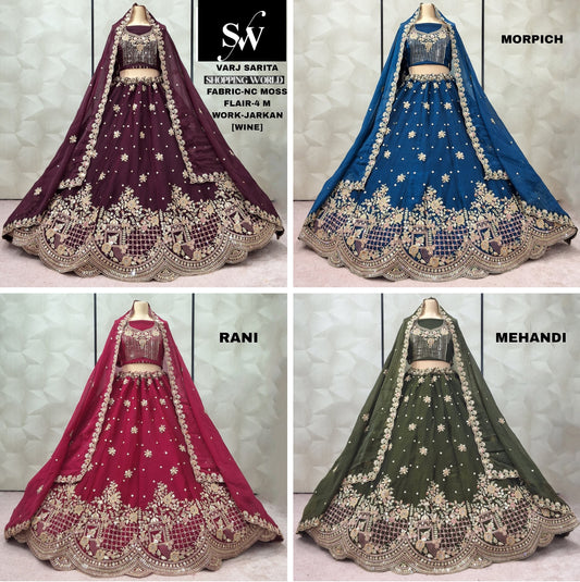 Attractive mehendi green Rani pink morpich blue Wine Lehenga