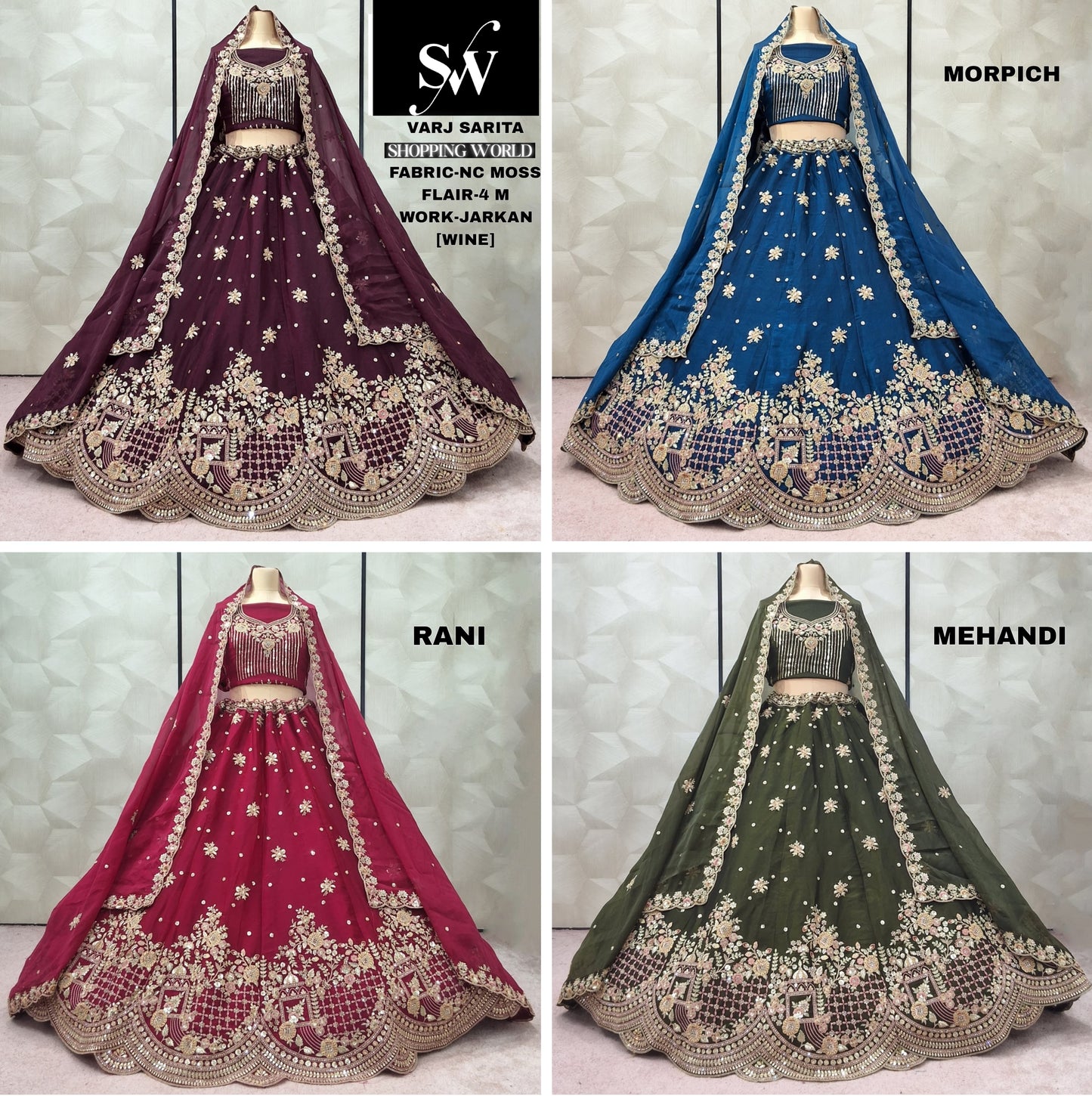 Attractive mehendi green Rani pink morpich blue Wine Lehenga
