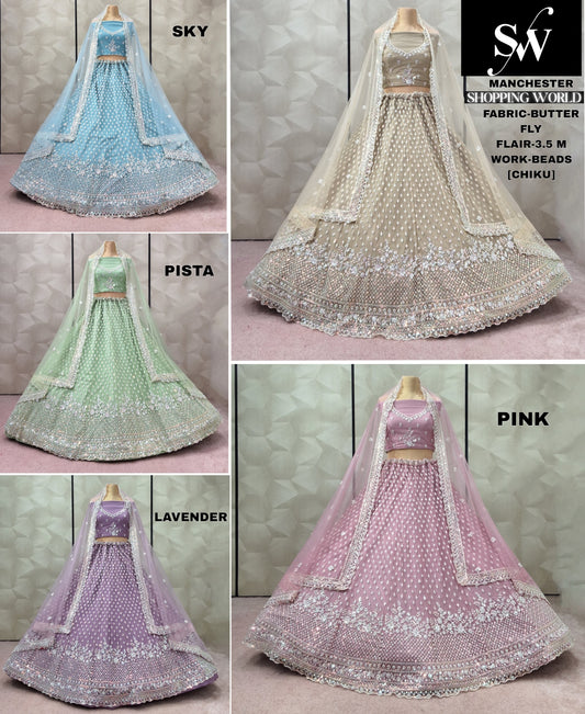Elegant Chiku golden Sky blue Pista green Lavender pink Lehenga
