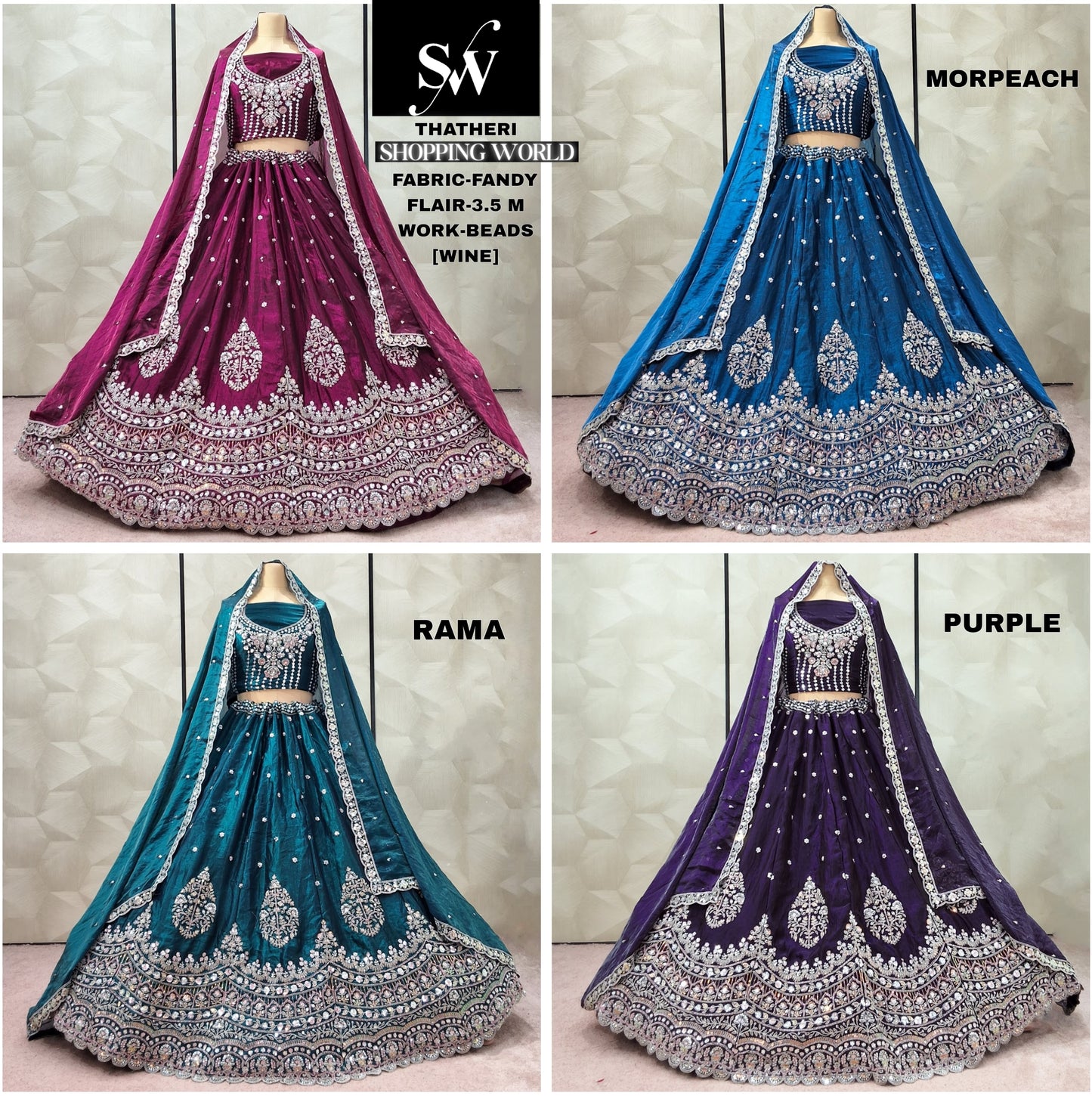 Embellished Wine Morpeach Blue Rama green purple Fandy Lehenga