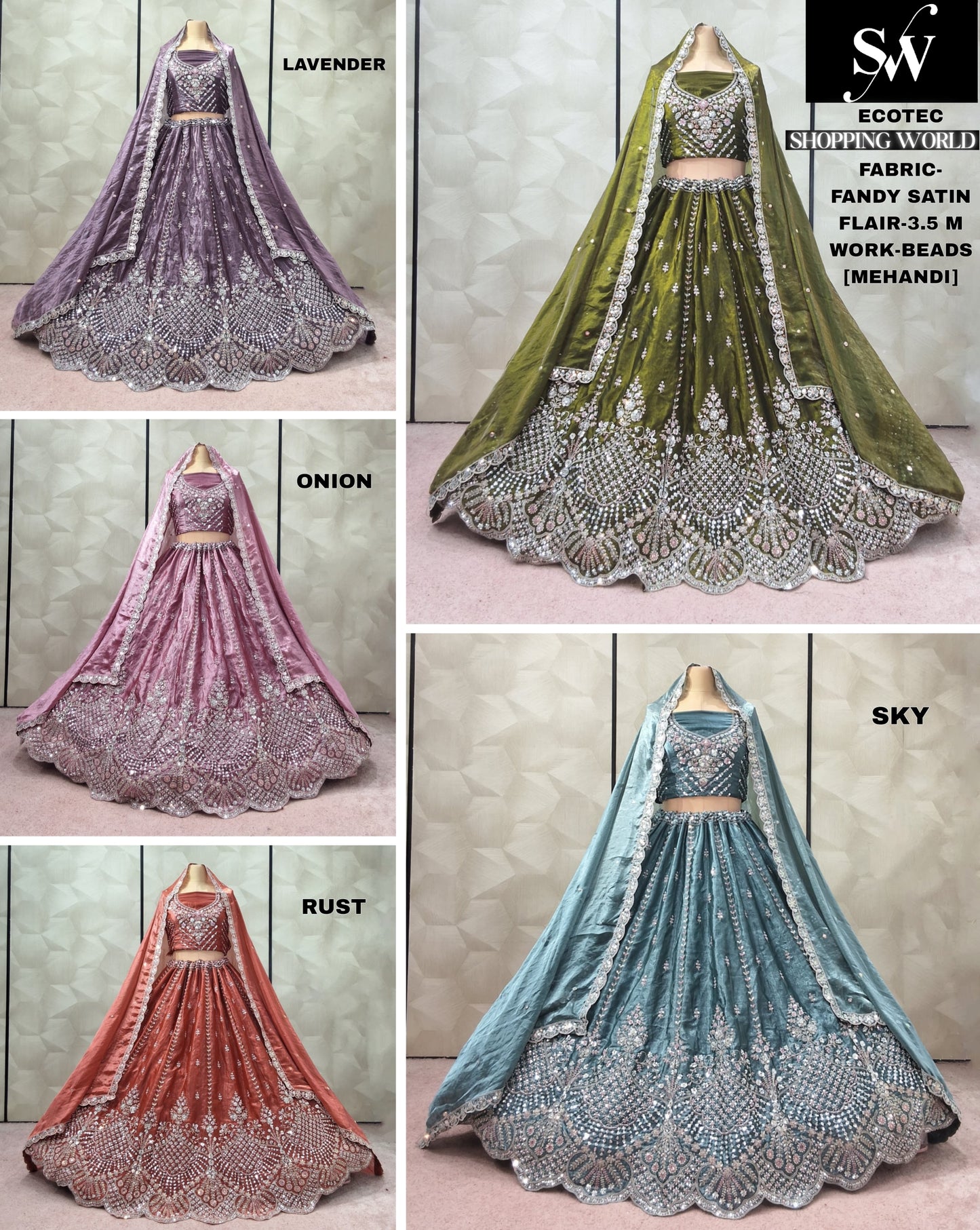 Eye catching Mehendi Green Lavender Onion pink Rust orange Sky blue Fandy Satin Lehenga