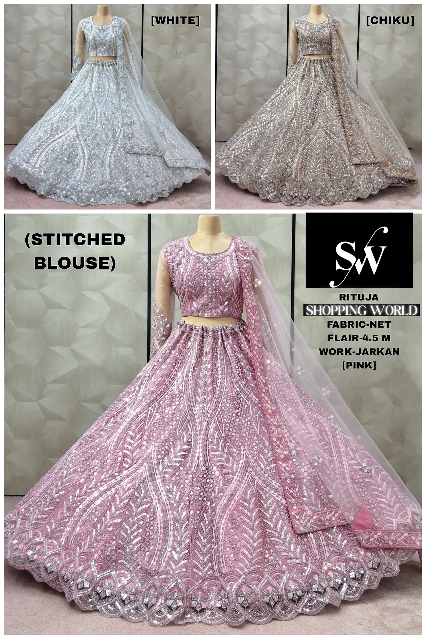 Charming pink Chiku golden White Net crop top Lehenga