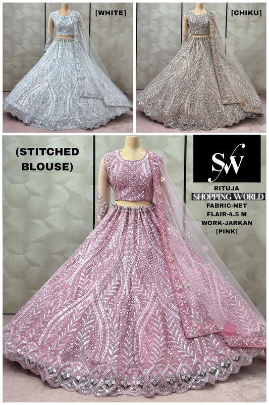 Charming pink Chiku golden White Net crop top Lehenga