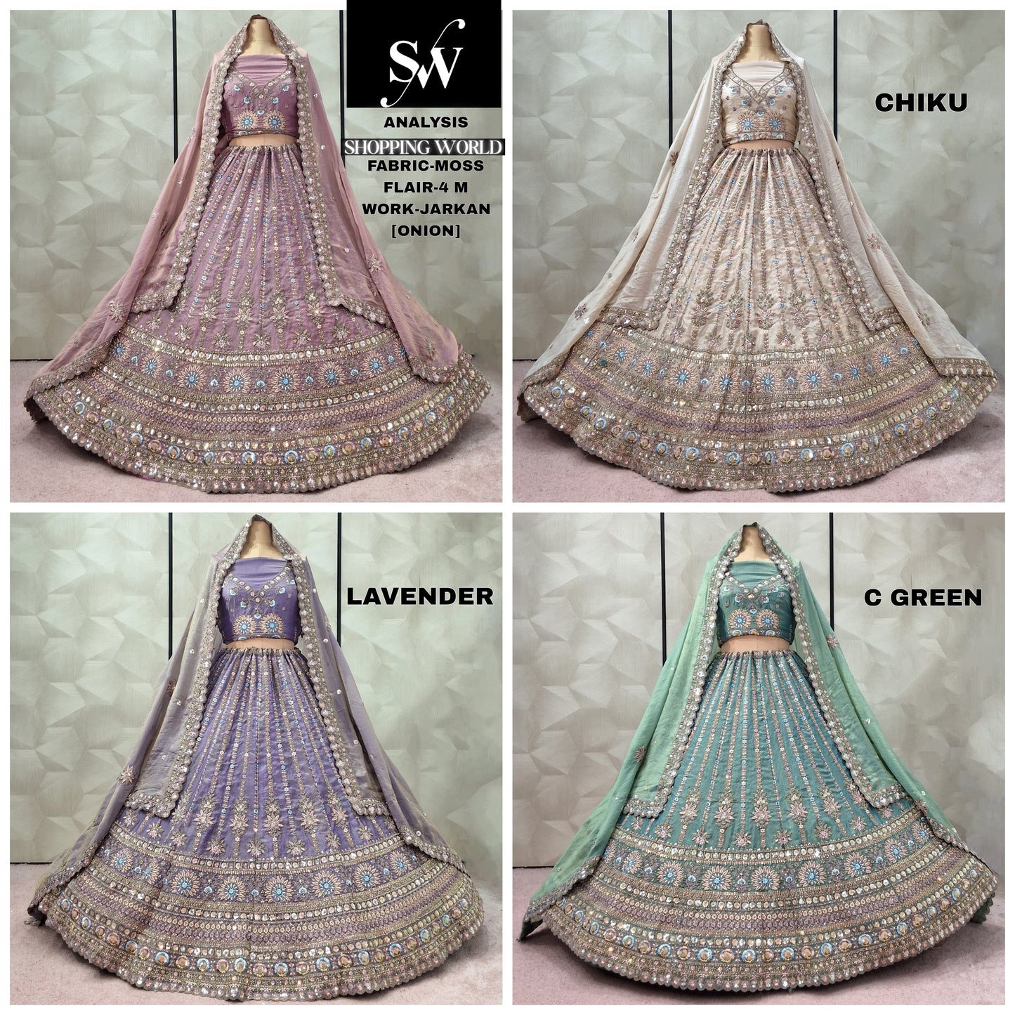 Majestic Onion pink Chiku golden Lavender Sea green Moss Lehenga