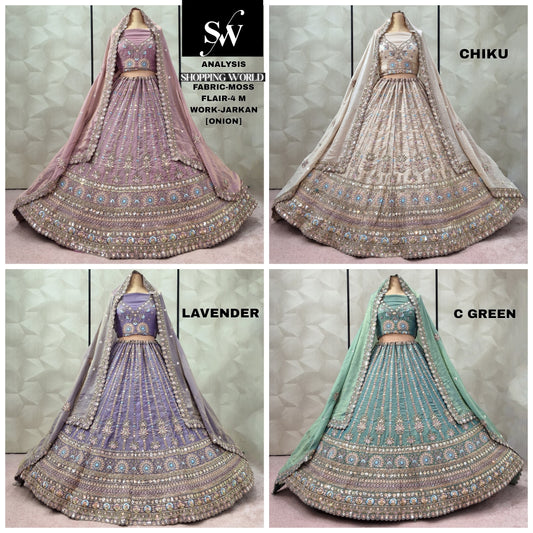 Majestic Onion pink Chiku golden Lavender Sea green Moss Lehenga
